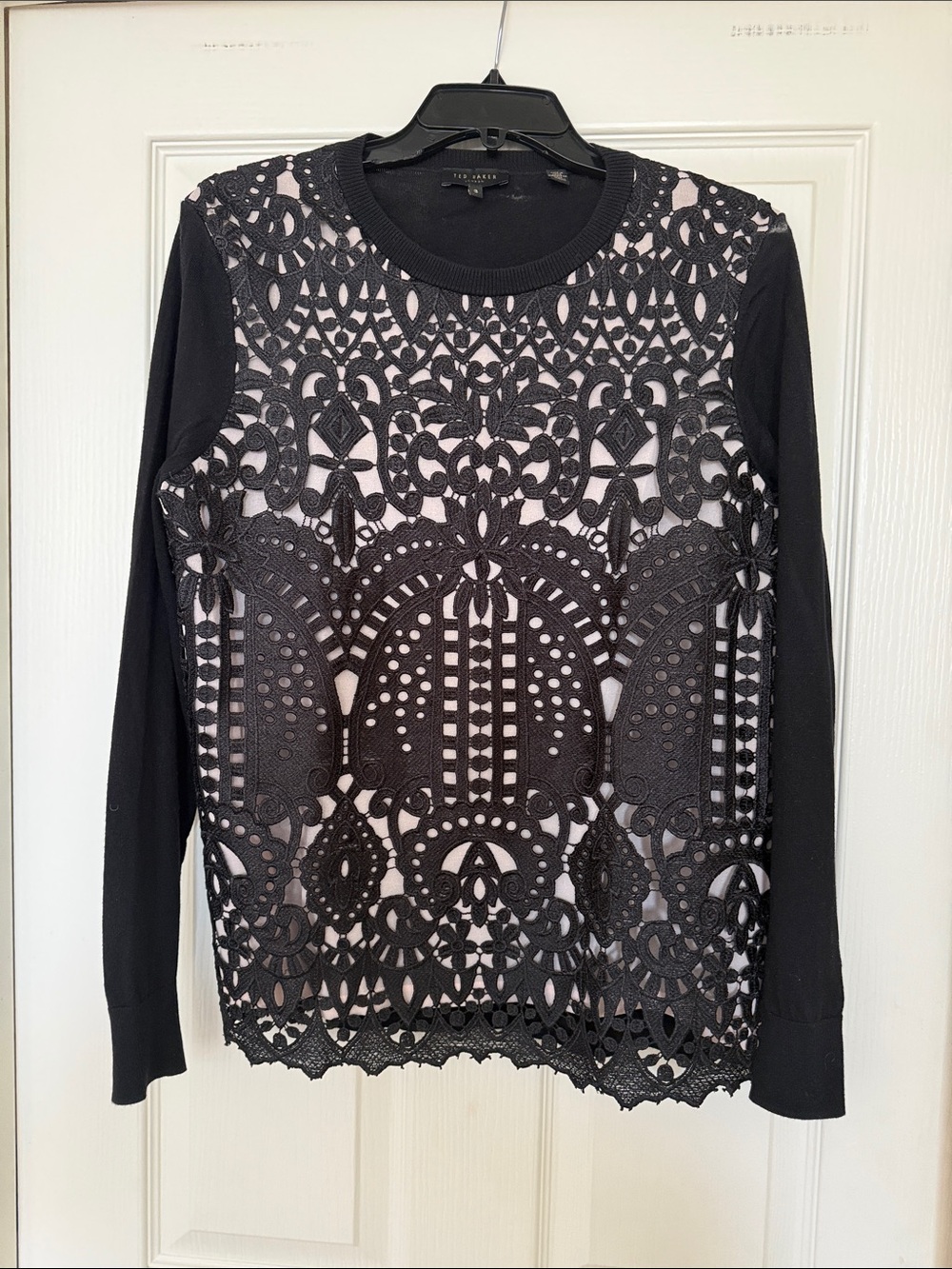 Ted Baker Black Lace Overlay Long Sleeve Top with Nude Lining